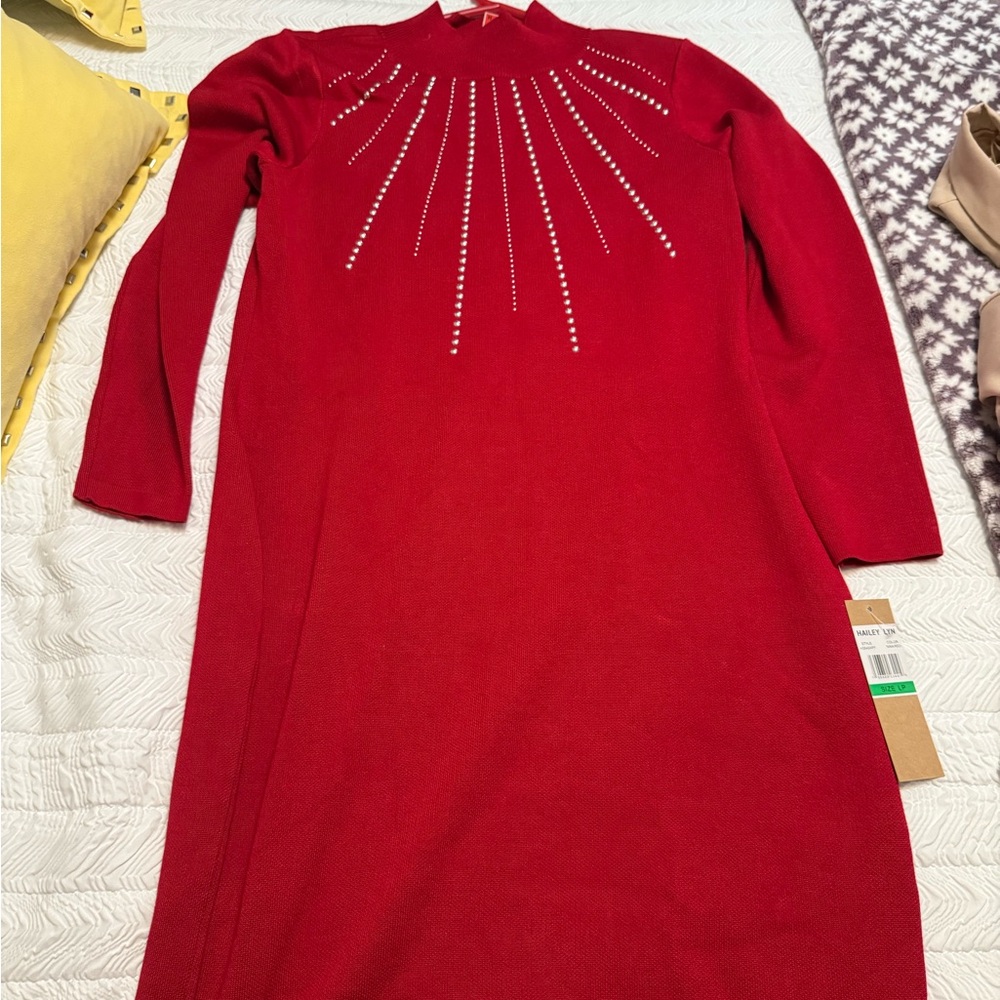 Chic Long Sleeve Red Dress with Embellishments